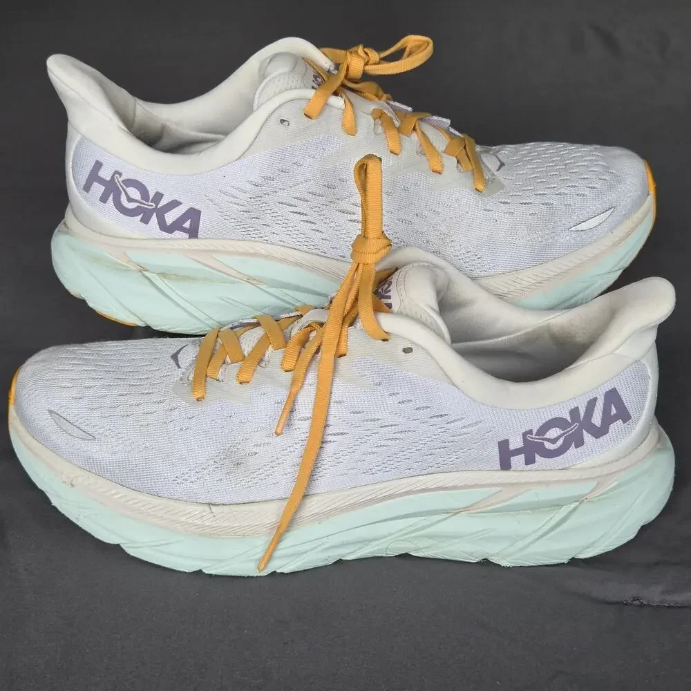 Hoka One One Womens Sz 10.5B Clifton 8 Running Shoes Sneakers Yellow White